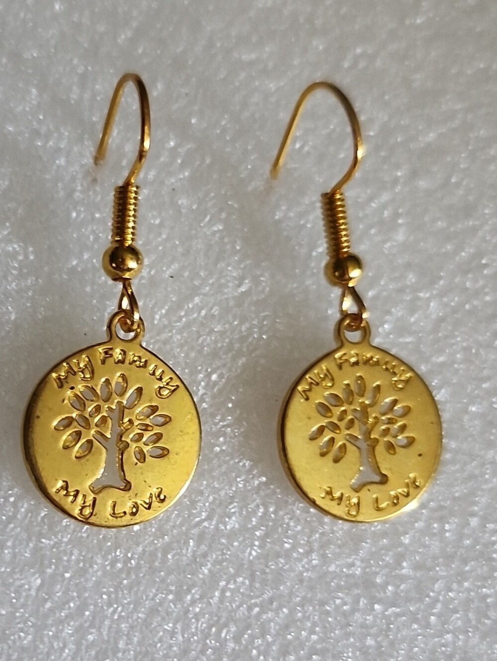Hand Crafted Gold Tree of Life Charm Earrings " My Family My Love "